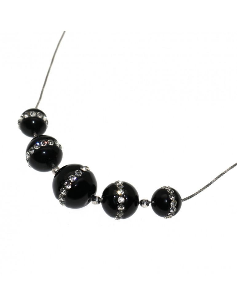 Rhodium-plated 925 silver necklace with 5 passing spheres in black agate and zircons