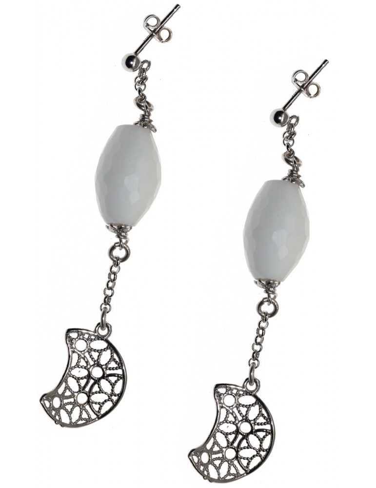 925 silver earrings with filigree moon and dangling white agate