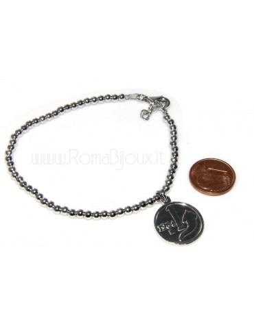 Bead bracelet man or woman in 925 sterling silver pendant with a 1,954 lira coin