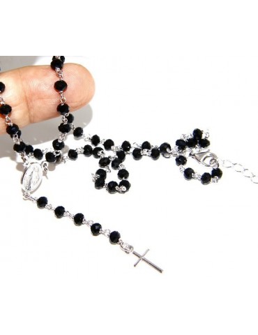 Collana Rosario uomo Argento 925 Con cristallo nero schiacciato 4mm croce e madonna 45+5