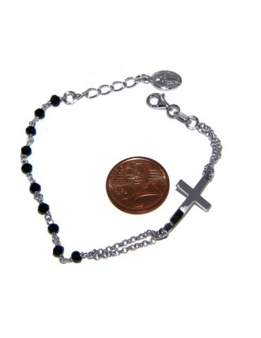 Bracciale rosario uomo donna in Argento 925 madonna miracolosa , croce convessa e cristallo nero . Mis 15,50 - 17,50