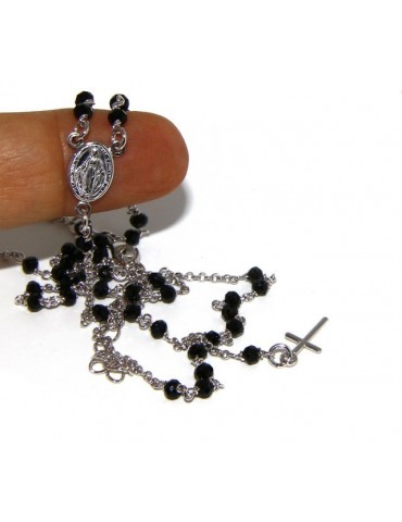 Collana Rosario uomo Argento 925 Con cristallo nero 3/3,5 mm croce e immagine madonna 49+5