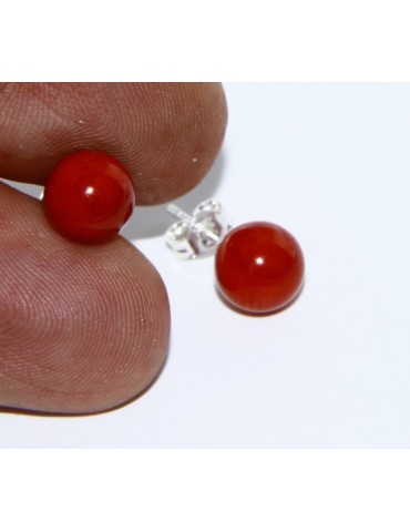 Earrings in 925 sterling silver pearl ball calibrated natural coral red 8mm