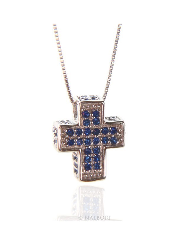 Argento 925 : Collana Collier uomo donna veneziana 45 cm e croce 3D a pavè di zirconi BLU