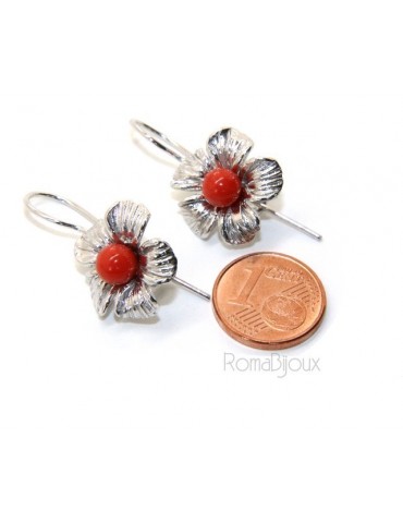 Silver 925 Sterling Pearl Ball Calibrating Natural Red Coral and Flower