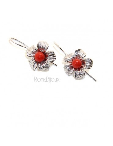 Silver 925 Sterling Pearl Ball Calibrating Natural Red Coral and Flower