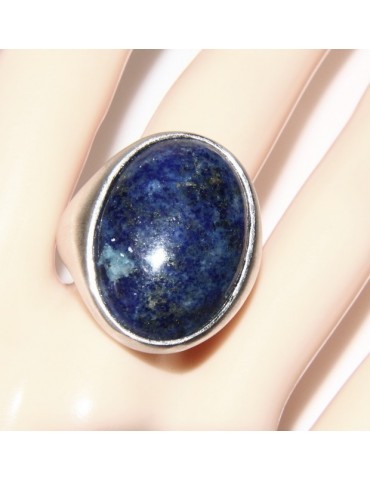 Silver 925 Satin Solid: Oval woman's ring with large blue natural night lapis size 16