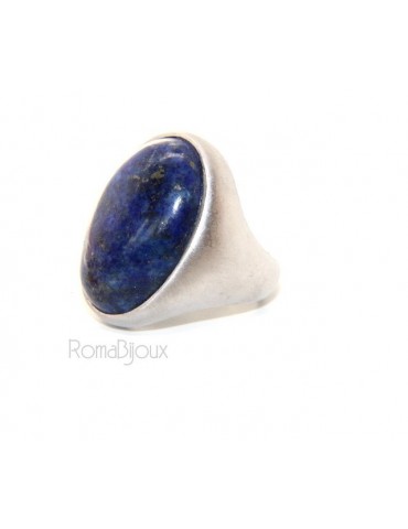 Argento 925 Massiccio satinato : Anello donna ovale con grande lapis blu notte naturale misura 16