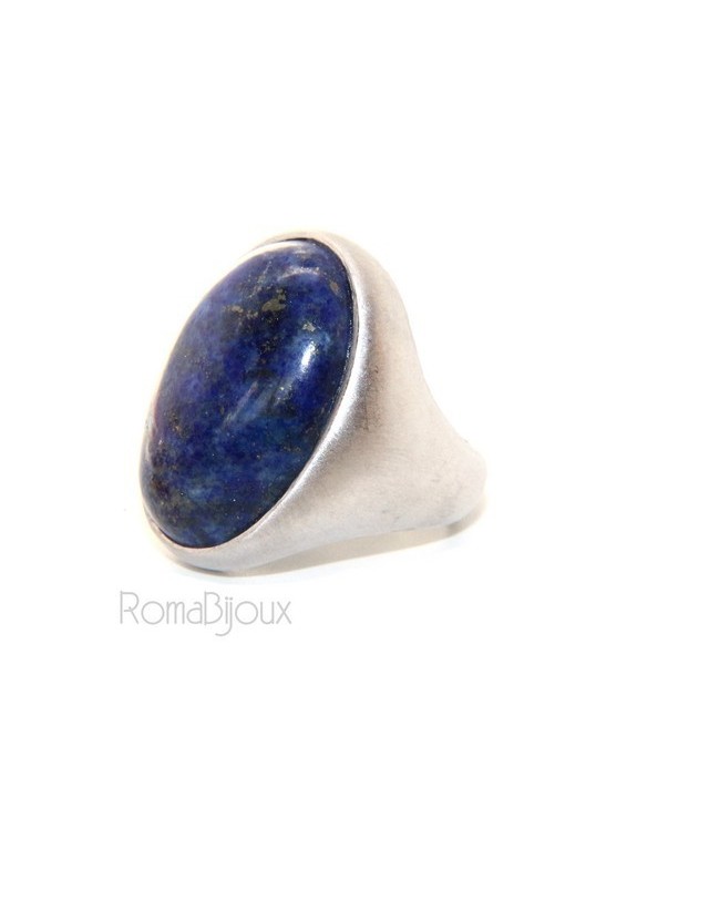 Silver 925 Satin Solid: Oval woman's ring with large blue natural night lapis size 16