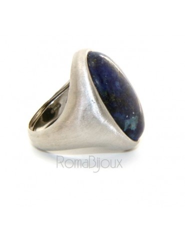 Silver 925 Satin Solid: Oval woman's ring with large blue natural night lapis size 16