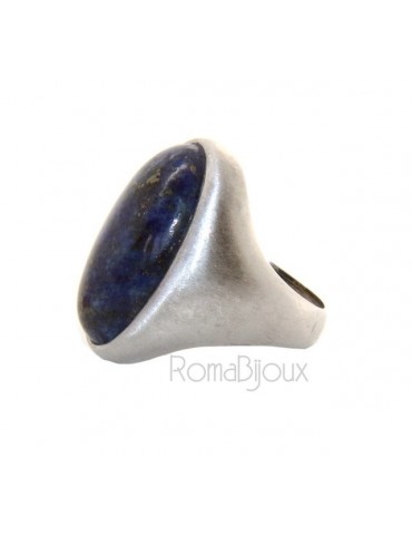 Silver 925 Satin Solid: Oval woman's ring with large blue natural night lapis size 16