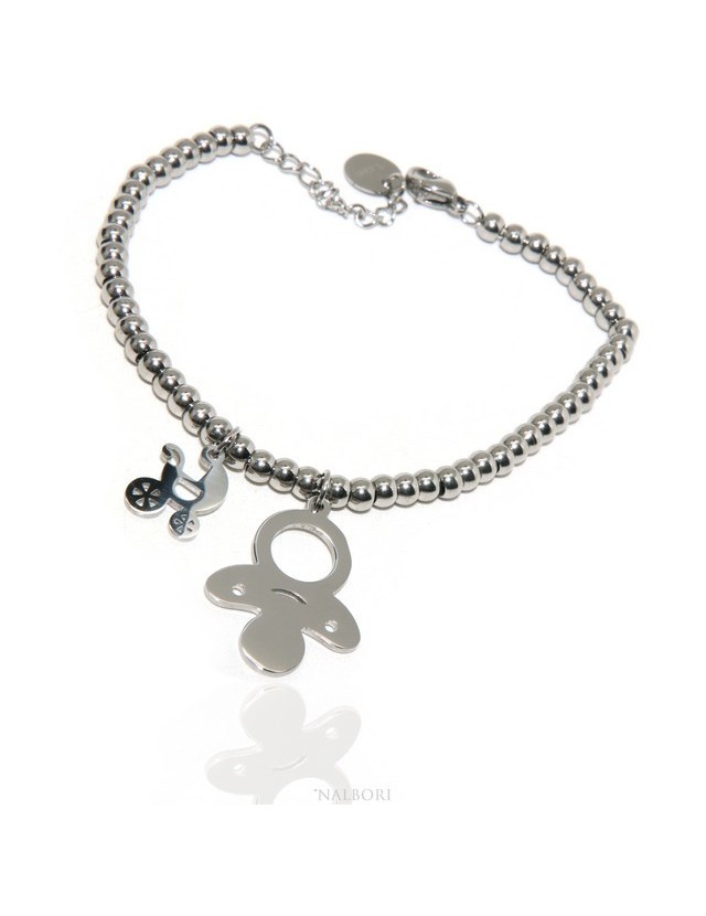 NALBORI stainless steel bracelet hypoallergenic balls with pacifier pram pendant