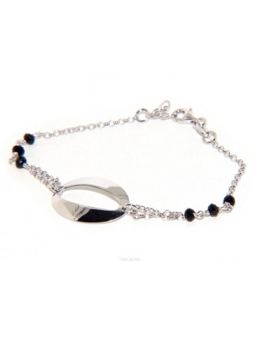 Bracciale donna ragazza Argento 925 lavorazione a rosario cristallo nero con ovale centrale 15,5 - 18 cm