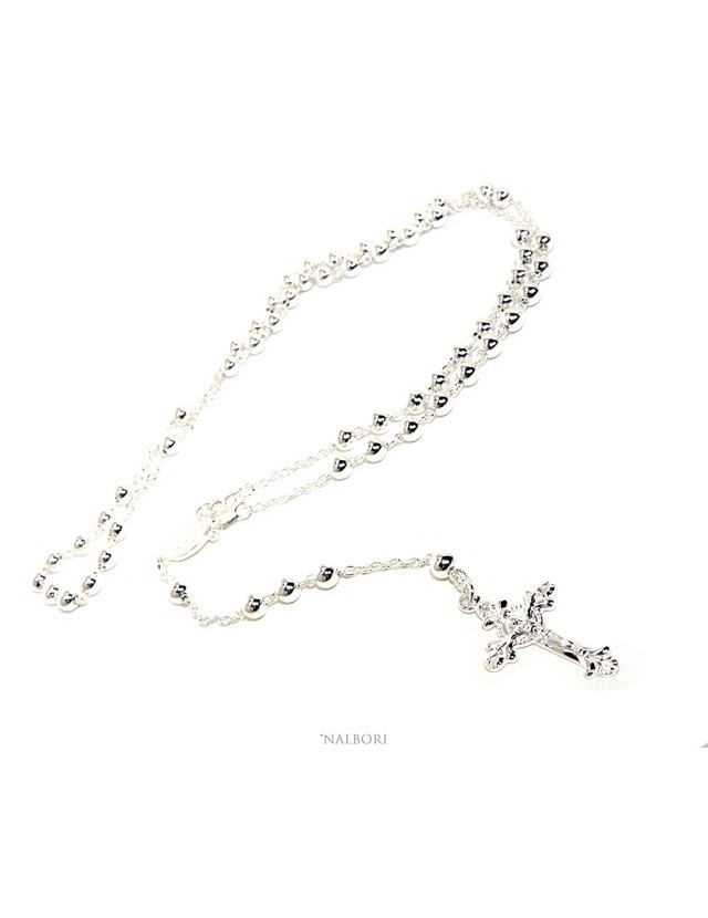 Rosary necklace man or woman in 925 silver cross worked balls 5 mm 67 cm silver light tone NALBORI