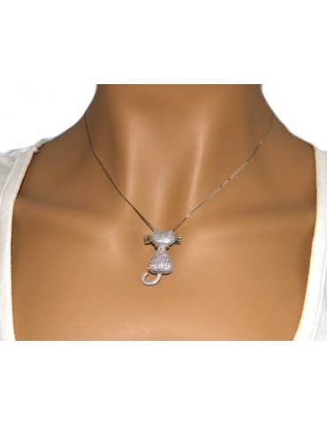 Silver 925: Collier necklace, Venetian woman with big white cat pendant