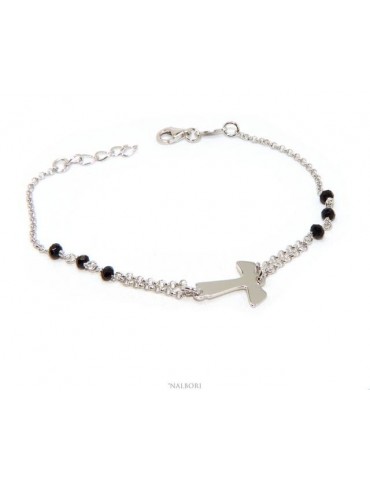 NALBORI Bracciale rosario Argento 925 con croce TAU e cristallo nero 17,5-20 cm