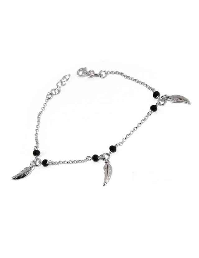 Bracciale Argento 925 cristallo nero , ciondoli foglie