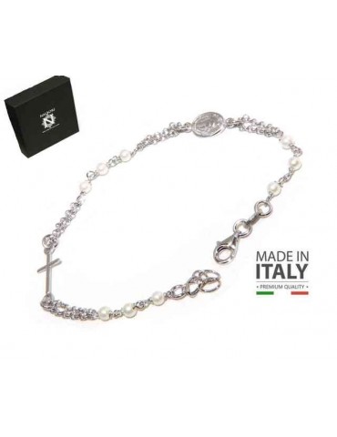 NALBORI Bracciale rosario uomo donna in Argento 925 madonna miracolosa , croce e perline bianche 16,50 19,50