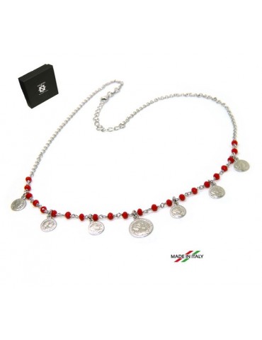 NALBORI Collana Argento 925 moneta cristallo rosso marsigliesi monetine