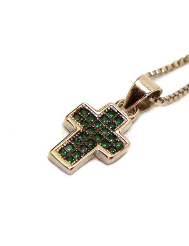 925 silver necklace with small cross emerald green zircons