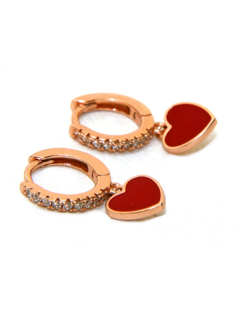 earrings 925 silver circles zircons red heart rose gold plated woman