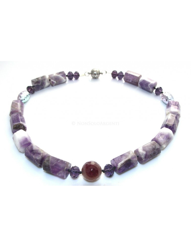 Purple agate block parallelepiped pearl necklace