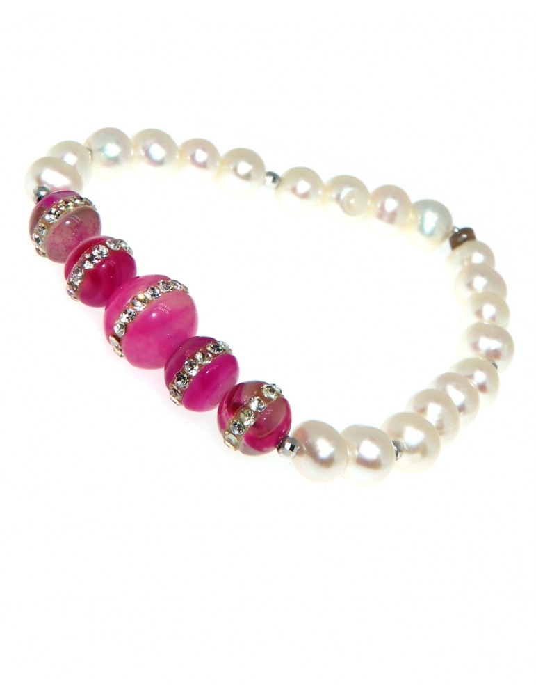 Pearl bracelet with fuchsia pink agate and elastic woman zircons