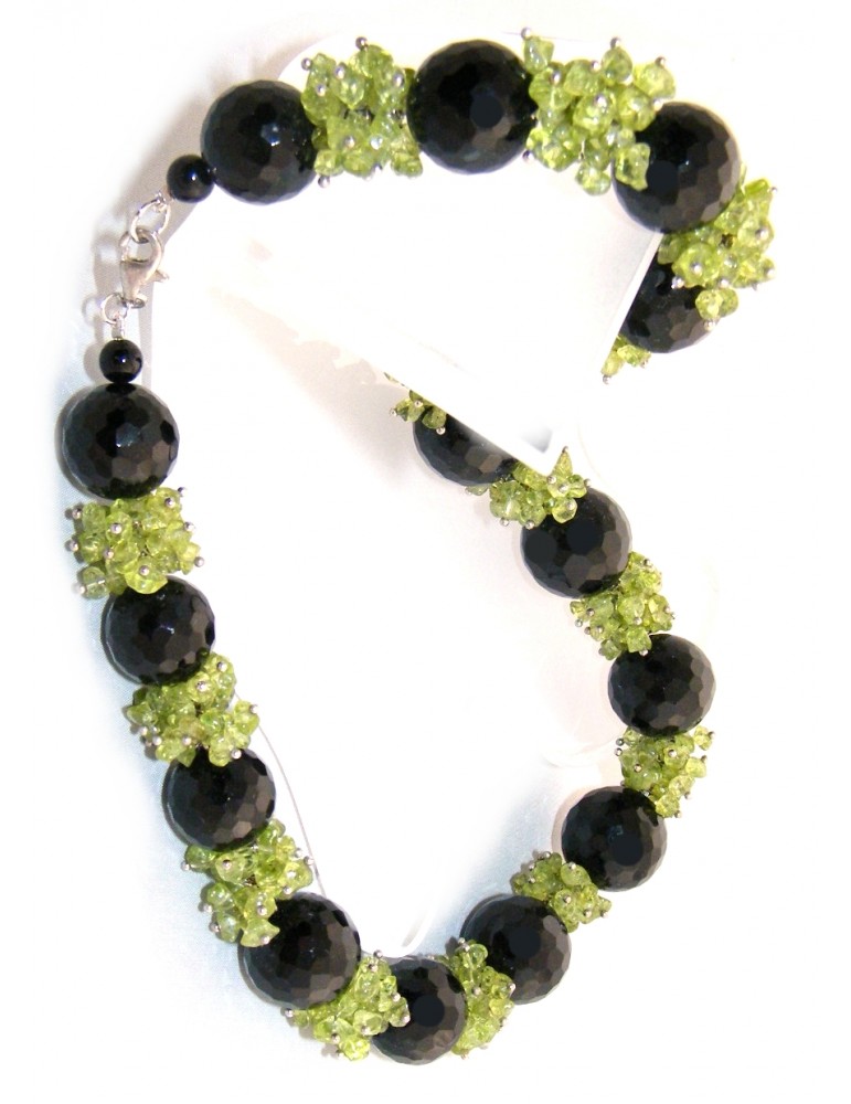 925 silver necklace peridot chips and faceted onyx stones for women