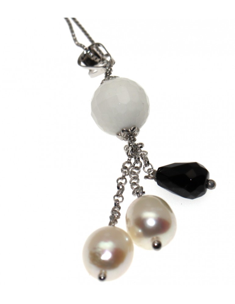 925 silver necklace pendant in white agate onyx pearls choker