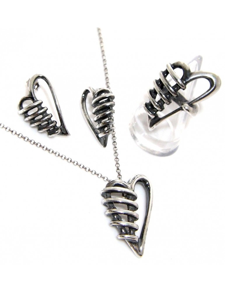 necklace ring earrings 925 silver bandaged heart burnished antiqued