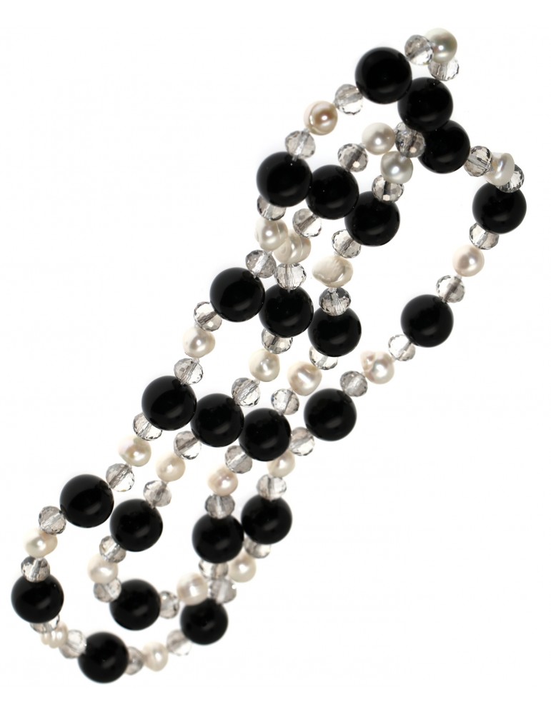 necklace black agate smoked crystal and natural pearls about 86cm long