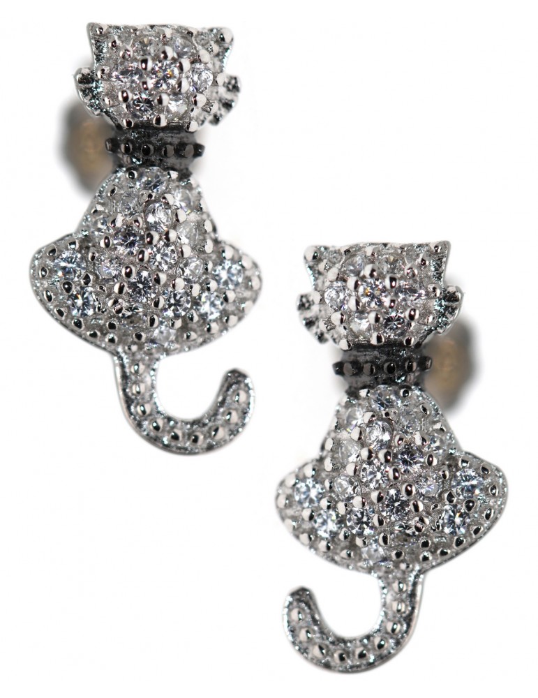 925 silver cat kitten earrings with white zircons contrariè collar